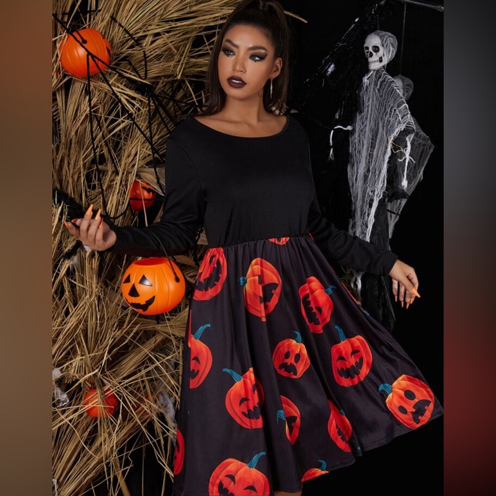 Pumpkin print dress for Halloween with sleeves